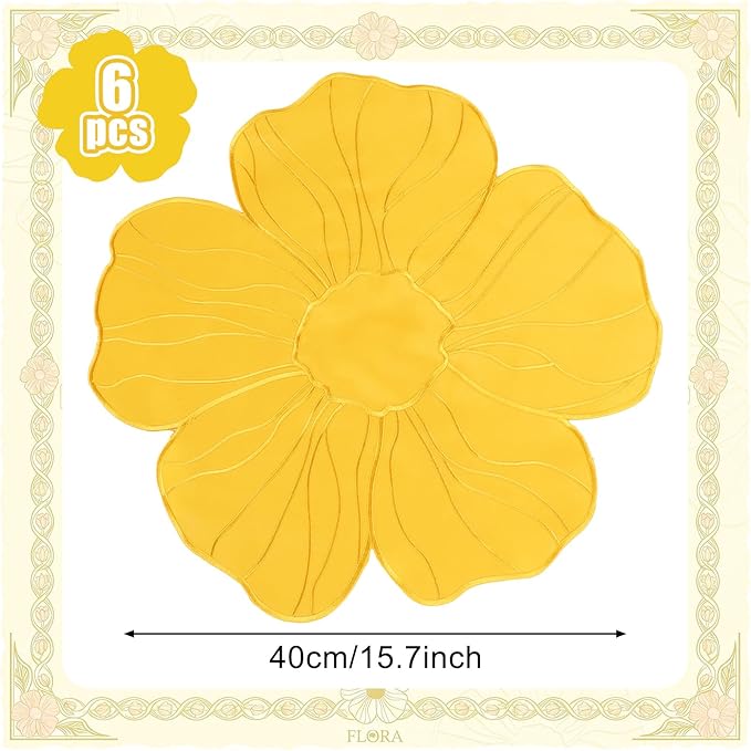 Moukeren Set of 6 Elegant Floral Placemat 16'' Flower Shaped Place Mat Flower Embroidery Table Mat for Wedding Bridal Shower Baby Shower Tea Party Kitchen Dining Table Decor(Yellow)