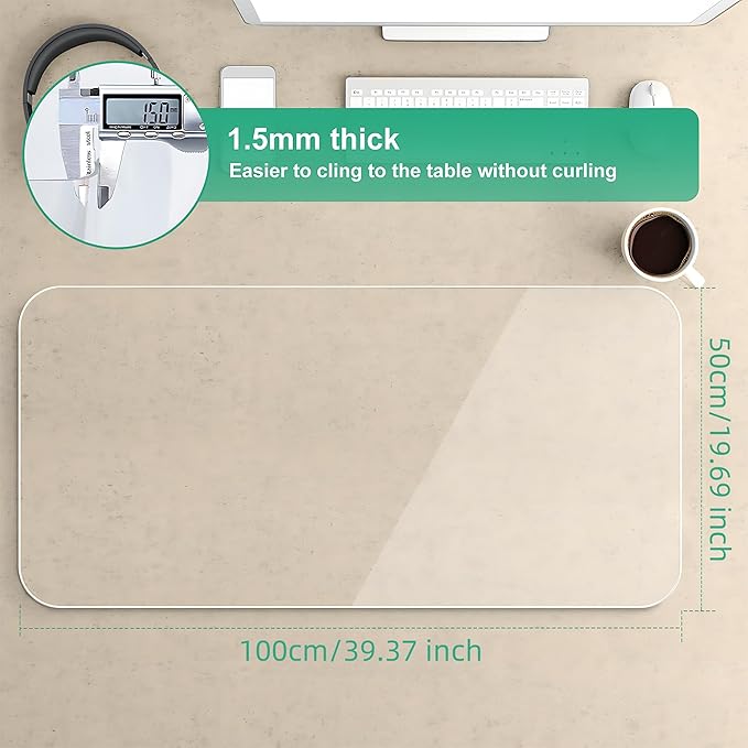 NATRKE Clear Desk Mat Pad, 39.4"x19.7" Large Transparent Computer Desk Mat Plastic Desktop Protector, PVC Writing Pad with Round Edge, Waterproof Wipeable Non-Slip Table Protector for Home Office