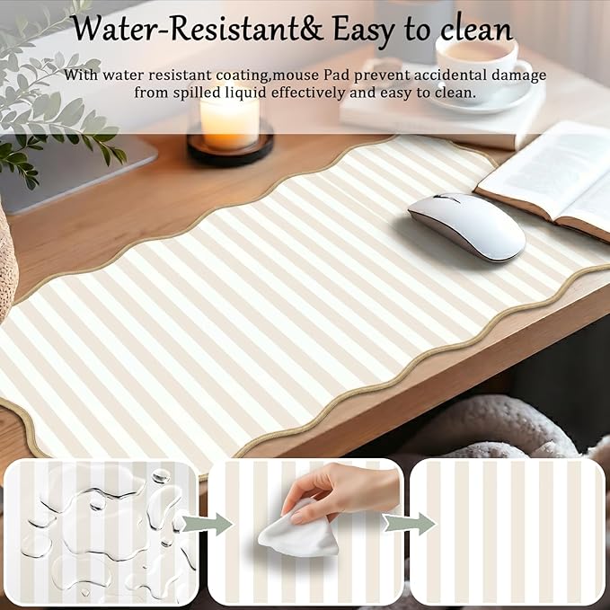 Scalloped Desk Mat with Gel Wrist Rest for Keyboard and Mouse Extended Cute Beige Mouse Pad XXL Striped Mousepad Stripe Desk Pad Mouse Wrist Support forComputer Laptop Home Office 31.5X15.7Inch