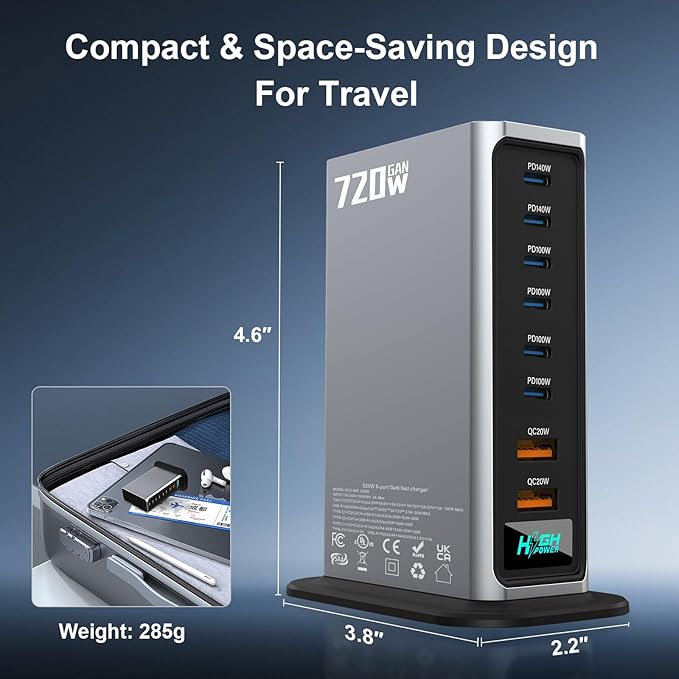 720W USB C Fast Charger Block, PD 3.1 140W 8 Port USB Charging Station, GaN Ⅲ Fast Charging Station for Multiple Devices, Laptop Charger Station Compatible with iPhone 17/iPad/MacBook,Samsung, Silver