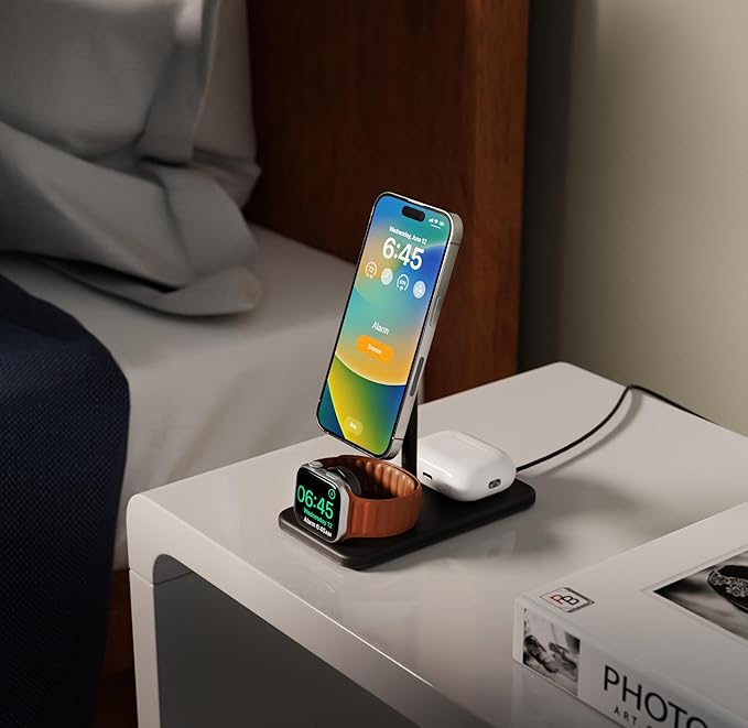 Twelve South HiRise 3 Deluxe Twelve South 3-in-1 MagSafe + Qi2 Charging Stand for iPhone, Watch, and AirPods, White