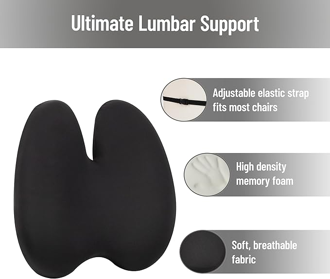 Mind Reader Lumbar Support Pillow with Air-Cloud Technology, Office Chair Back Cushion, Memory Foam, Black