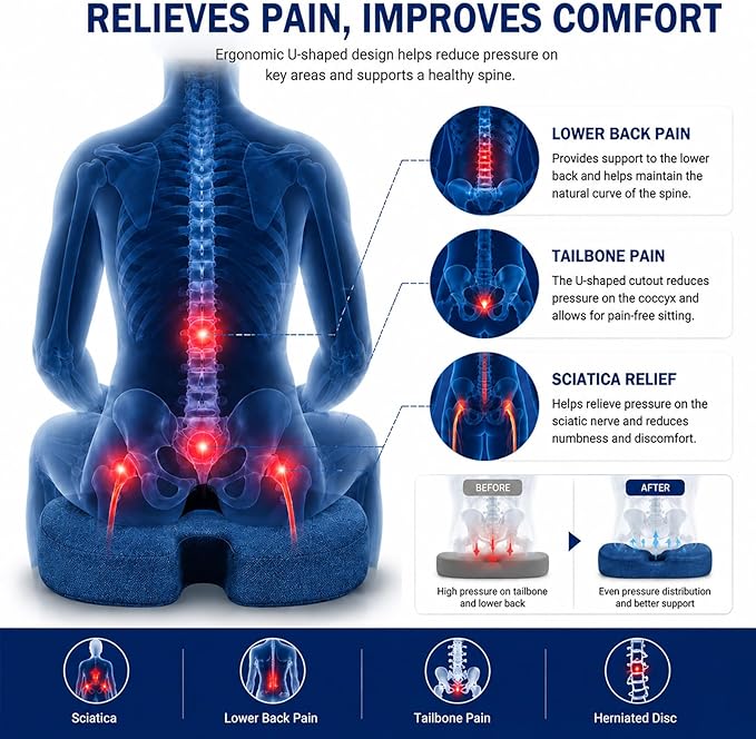 Gel Memory Foam Seat Cushion for Long Sitting with Removable Cover – Cooling Breathable Support for Tailbone, Coccyx, Sciatica, Back Pain Relief - for Office Chairs, Car Seat, Wheelchair (Blue)