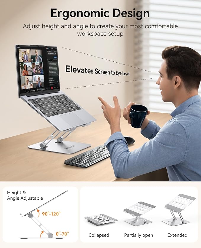 ORICO Ergonomic Laptop Stand for Desk, Height Adjustable Aluminum Laptop Stand Riser, Foldable Computer Holder for MacBook Neo, Air, Pro, Dell XPS, HP, Lenovo, Fits Devices up to 17" (ST11, Silver)