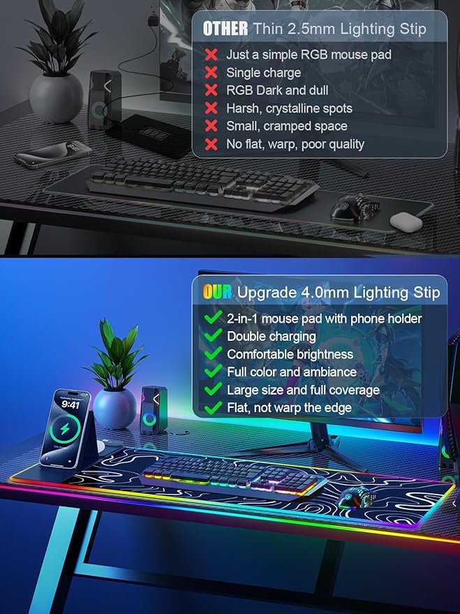 XXL Mouse Pad with Phone Holder - Black, RGB Desk Mat with 15W Fast Charging, LED Gaming Mousepad with 11 Light Colors, Waterproof Non-Slip Pad for Office & Home (Topographic)