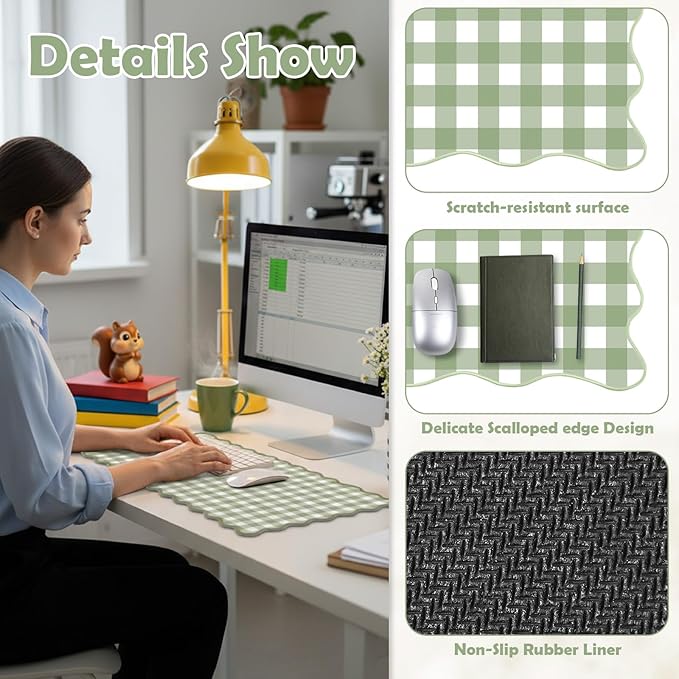 Copkim 1 Pcs Scalloped Green Gingham Desk Mat 31.5 x 11.8 Inch Large Cute Mouse Pad Computer Mat Non Slip Waterproof Rubber Base with Border Stitching Soft Keyboard Pad for Home Office Gaming Makeup