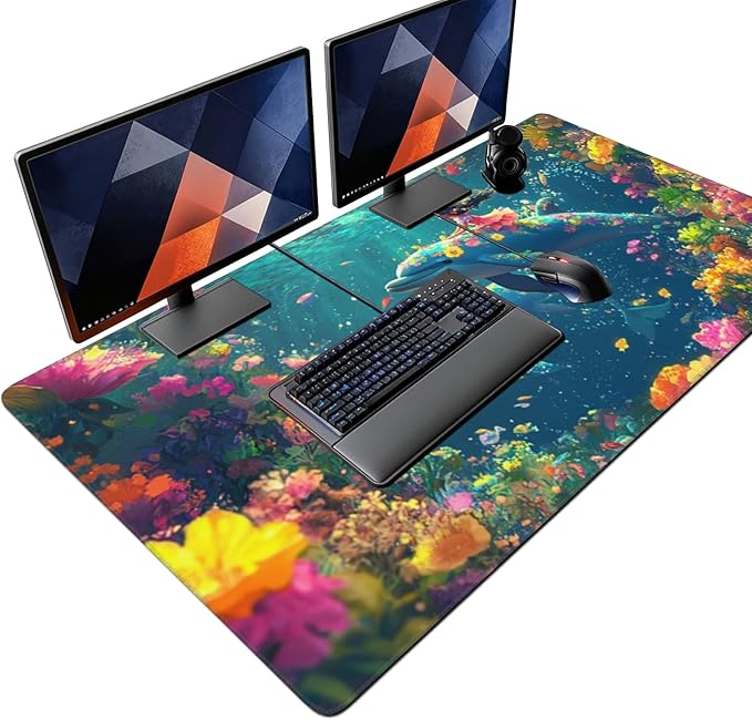 3XL Huge Ocean Mouse Pads Oversized 48"x24" - Extra Large Gaming XXXL Mouse Pad for Full Desk - Whales Marine Life Mousepad with Stitched Edges Non-Slip Rubber Base, Desk Mat
