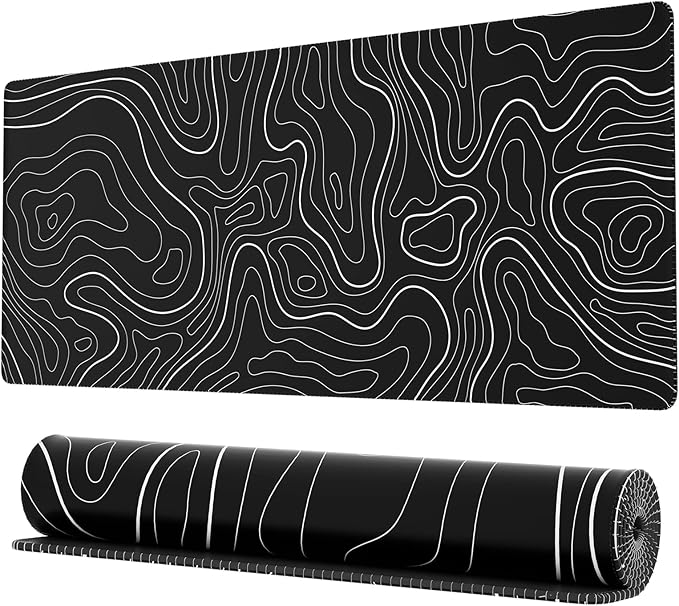 Ovenbird Extra Large Mouse Pad, Extended Topographic Map Gaming Mousepad with Non-Slip Base & Stitched Edges, 35.4" x 15.7", Black