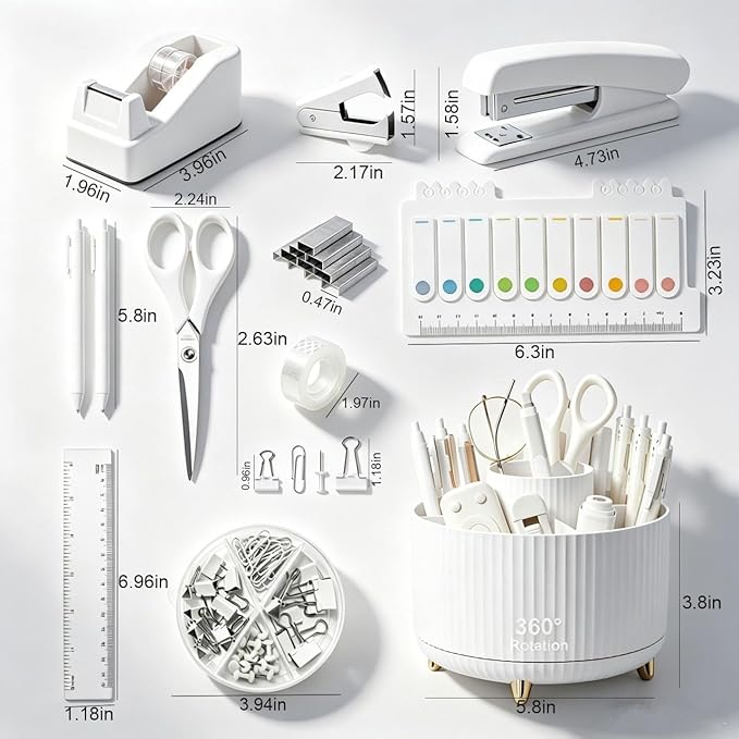 Office Supplies Rotating Pen Holder for Desk with Stapler Staple Remover, Tape Dispenser,2pcs Tape Refills, Binder Paper Clips Kit, Scissor,Pen, Ruler & Sticky Tabs,White Office School Supplies(White)