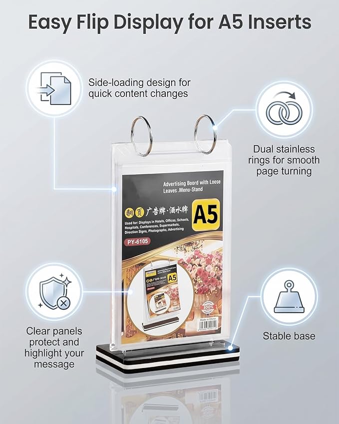 A5 T-shaped Multi Page Flip Acrylic Sign Holder,Page 6 Side 12 Suitable for Restaurants/Offices/Schools/Ad Display