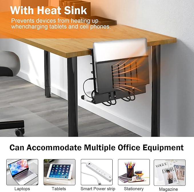 Desk Side Storage Organizer, Metal Hanging Laptop Mount with Anti-Scratch Silicone, No Drill Under Desk Cable Management Tray for Office and Home,Black