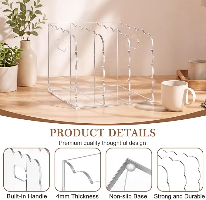 Suzile Scalloped Acrylic Magazine File Holder, 3-Compartment Clear Desk Organizer Vertical Bookends Organization for Office, Binders, Documents, Tablets, Magazines, Books(6.69 x 7.48 x 6.3 Inches)