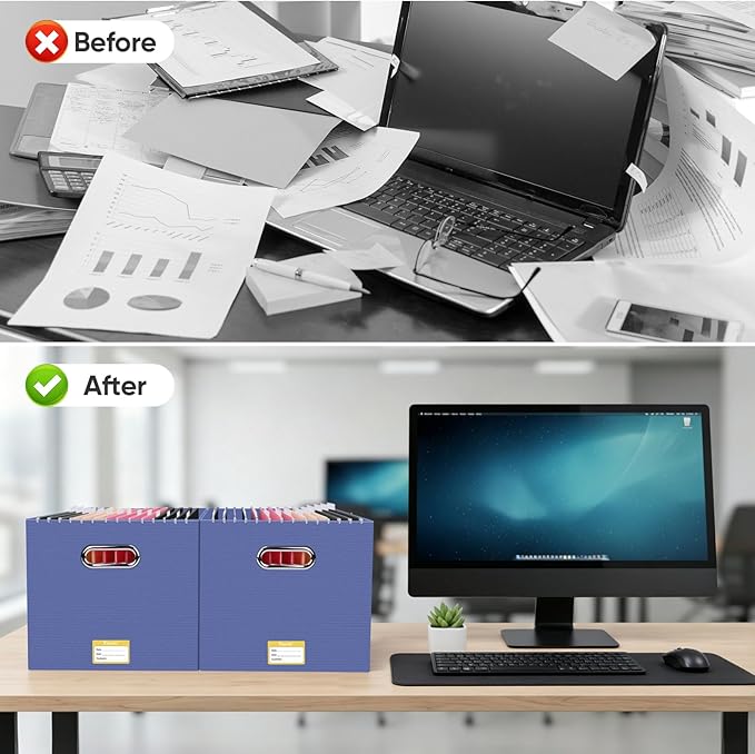 BALEINE File Organizer Box, Cardboard File Folder Organizer with Handle for Letter Size, Portable Collapsible Hanging Filing Box for Home Office Document Storage (8 Pack, Large Navy)