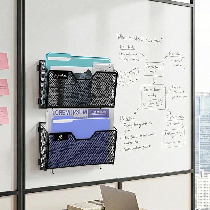 3 Pack Magnetic File Holder Wall File Organizer with Label Panel and 2 Hooks Magnetic Paper Mail Holder for File Office, Cabinets and Whiteboard, Black