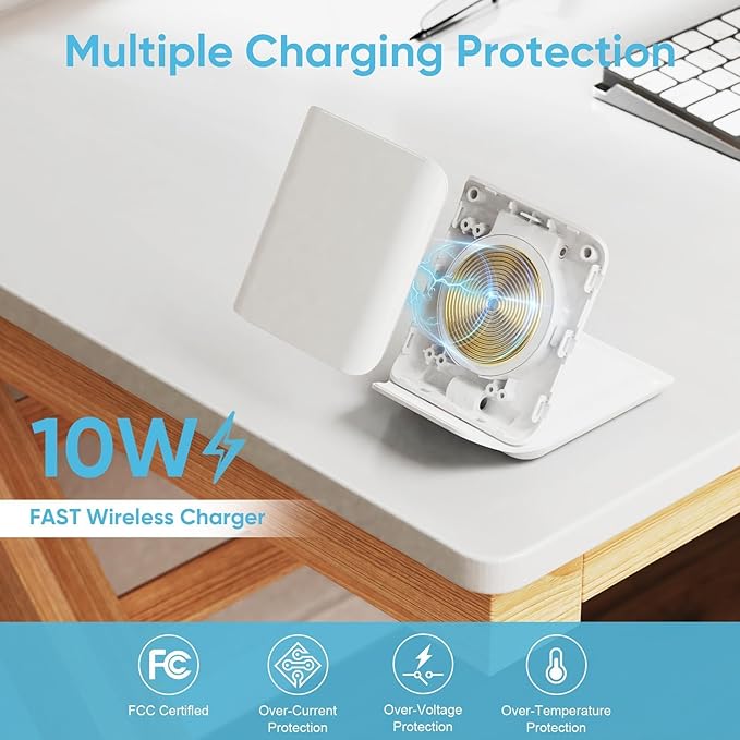 Fast Wireless Charger for Samsung - 2 in 1 Foldable Travel Charging Station, Compatible with Samsung Galaxy Z Flip 7/6/5/4 Series and Motorola Razr+, White (Adapter PD 20 watt Included)