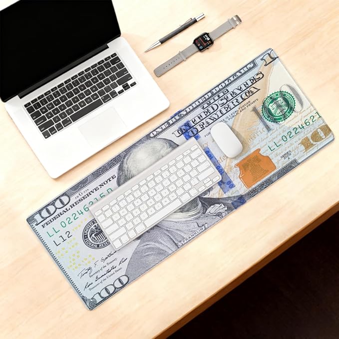 Large Mouse Pad Money 100 Dollar Bill Non-Slip Rubber Long Gaming Desk Mat Big Computer Keyboard Mousepad Waterproof Protector Wristing Pad for Gaming Office Home Decorative 31.5 X 11.8 Inch