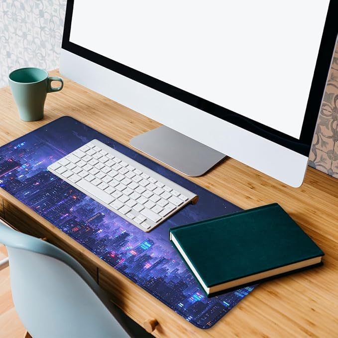 Neon City Gaming Mouse Pad Night Skyline Extended Gaming Mouse Pad Mat with Stitched Edge Non-Slip Base Office Computer Keyboard Laptop 31.5"x11.8"