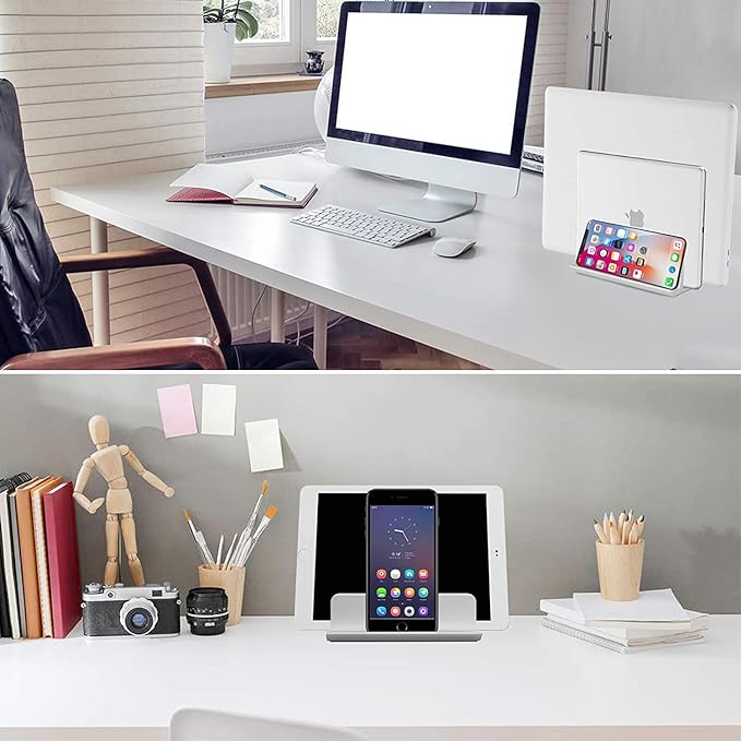 Vertical Laptop Stand [Updated Version], 3 Slot Desktop Stand Holder with Adjustable Dock, 4 in 1 Design Space-Saving Laptop Stand for Desk MacBook/Surface/Samsung/HP/Dell/Chrome Book (Silver)