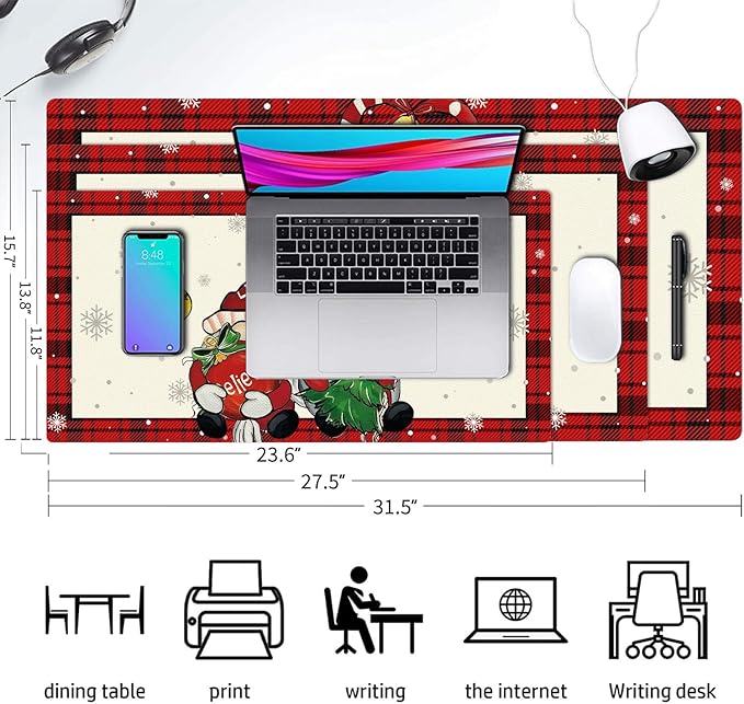 Christmas Desk Mat, Buffalo Plaid Gnome Bell Xmas Tree Large Mouse Pad for Desktop, PU Leather Waterproof Desk Pad, Computer PC Laptop Protector Gaming Mouse Pads for School Office Home 23.6" x 11.8"