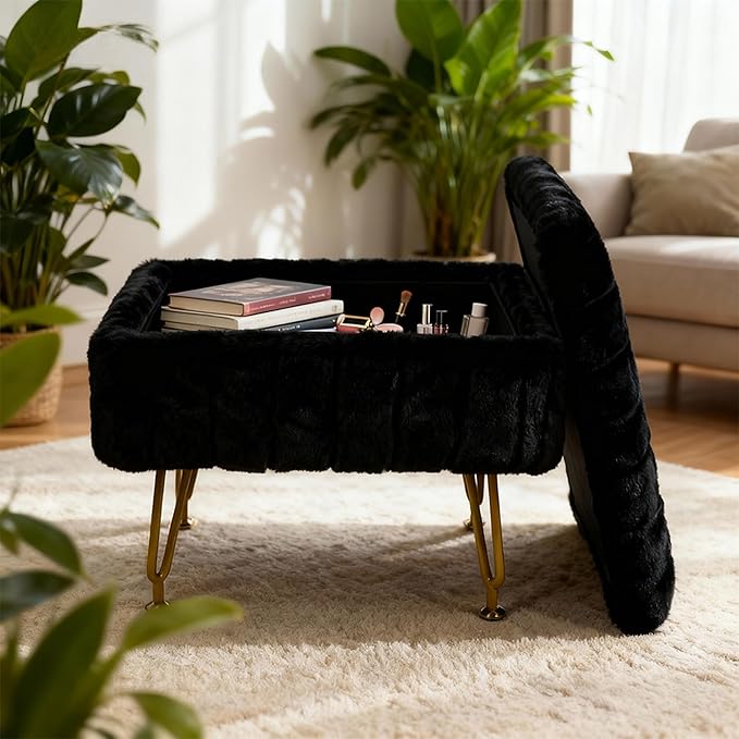 Small Foot Stool with Storage & Gold Metal Legs, Small Ottoman Foot Rest Under Desk for Couch, Chair, Black Furry with High-Density Resilient Sponge