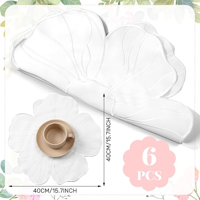 Moukeren Set of 6 Elegant Floral Placemat 16'' Flower Shaped Place Mat Flower Embroidery Table Mat for Wedding Bridal Shower Baby Shower Tea Party Kitchen Dining Table Decor(White)