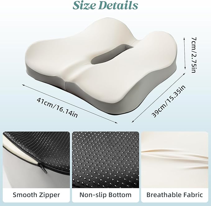 SheRest Seat Cushion, Ergonomic Memory Foam Cooling Cushion, Pressure Relief Suitable for Long Sitting Hours on Office Chairs, Desks, Cars and Airplane Seats, White