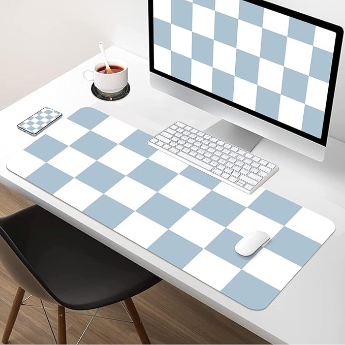 Large Checkered Desk Mat 35.4" x 15.7", PU Leather Desk Pad Protector, Large Mouse Pad for Desk, Non-Slip Blue Desk Mat, Waterproof Writing Pad for Office and Home