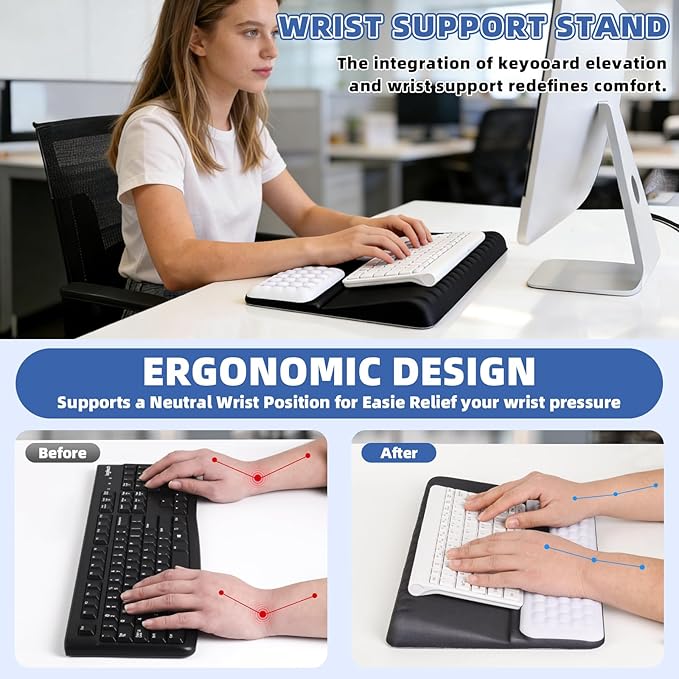 Keyboard Stand with Wrist Rest，Ergonomic Wrist Pad Memory Foam Keyboard Riser Holder Tray with Non-Slip Base, Pain Relief for Work Study Game (Black and White)