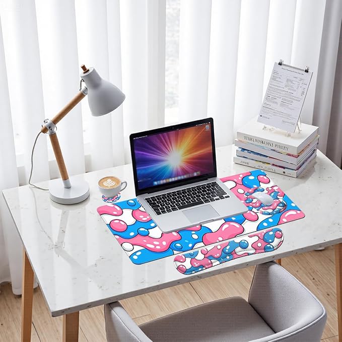 Abstract Desk Mat Set Bubble Pop Cartoon Pink Blue Large Mouse Pad with Wrist Rest 4in1 Desk Mat for Desktop Ergonomic Computer Desk Arm Wrist Anti-Slip Computer Mouse Pad Home Office Gaming