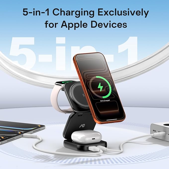 5-in-1 Wireless Charger for MagSafe, AC ISLAND Portable Travel Charging Station, 35W Max Qi2.2 Fast Foldable Magnetic Stand, Evolved for iPhone 17-12 Series, Apple Watch, AirPods (with 35W Adapter)