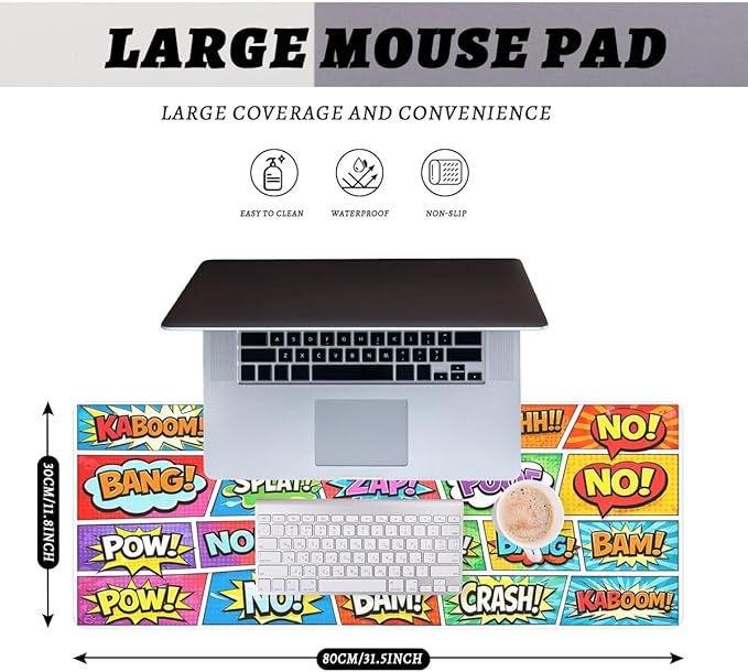 Pop Art Comic Mouse Pad, Kaboom Boom Cartoon Retro Gaming Desk Mat Extended Laptop Keyboard Non-Slip Rubber Base with Stitched Edges for Home, 31.5x11.8in Desk Home Office Gaming