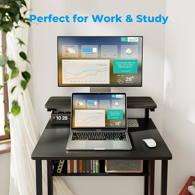 GreenForest Folding Desk with Adjustable Monitor Stand and Storage Shelf, 24.8in Rolling Table with Wheels, Mobile Small Desk for Small Spaces, Home Office, Black