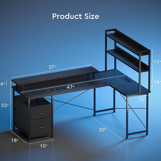 Maihail L Shaped Gaming Desk with Shelves,Reversible Computer Gaming Desk with LED Lights and Charging Station,Home Office Corner Desk with Monitor Stand,Black