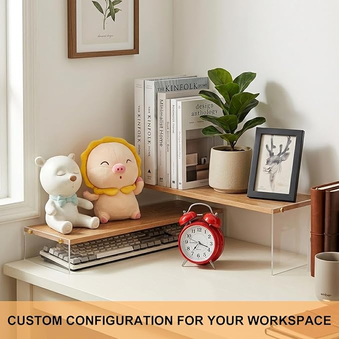 YGYQZ Adjustable Monitor Stand Riser with Acrylic Legs丨7.67" Wide Dual Monitor Stand for Desk丨2-Tier Wood Desktop Organizer for Computer, Laptop, Printer & PC丨Modern Aesthetic Desk Shelf(wood-flat)