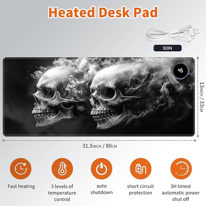 Heated Mouse Pad,Warm Desk Pad with 3 Levels Heating & 3 Hours Auto Shut-Off, PU Leather Heated Desk Pad Warmer Pad for Home Office - 31.5 x 13 inch,Smoke Skull