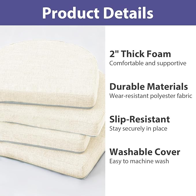 IPYNBAP Chair Cushions for Dining Chairs, Kitchen Chair Cushions, 16'' x 16'' x 2'', Non Slip Indoor Seat Cushions, Chair Pads for Dining Chairs with Ties & Removable Cover, Set of 4, Beige