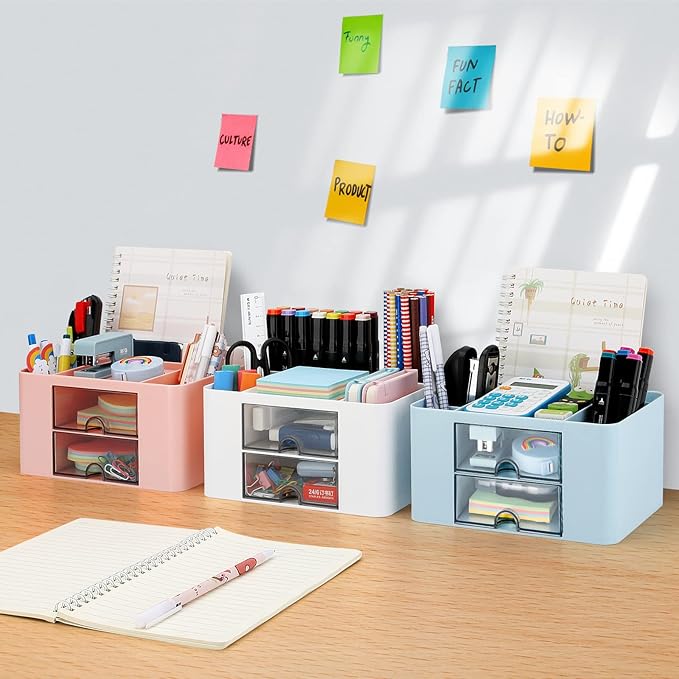 Desk Organizer with 2 Drawer, Plastic Desktop Pen Pencil Card Holder Storage Box for Desk, Office Supplies, Vanity Table Office School Home (White)