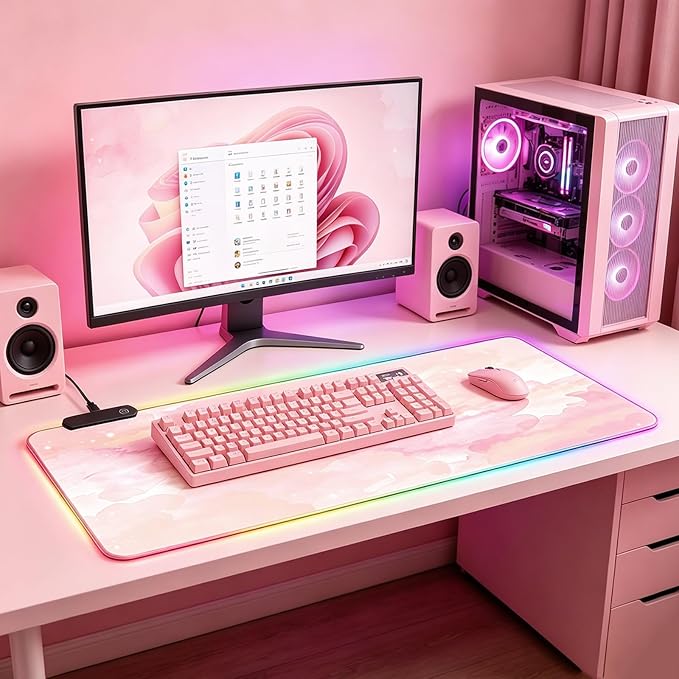 RGB Large Gaming Mouse Pad, Extended Mouse Pad with 12 Lighting Effects, Water Proof Mutispandex Surface, Non-Slip Rubber Base, 80x30 cm / 31.5×11.8 in (Pink Nebula)