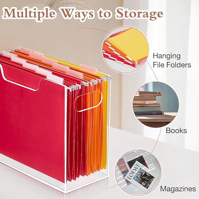 Jumyee Clear Acrylic File Folder Organizer with Handle – Portable Hanging File Box for Letter/A4, See-Through Desktop File Storage for Home Office School (No Folders Included)