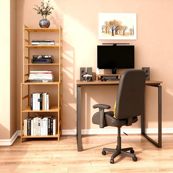 Bamboo Living Room Bookcases, 6 Tier Standing Ladder Shelf Bookshelf, Multifunctional Narrow Shelving Unit Storage Rack for Garage, kitchen, Office, Bookroom, Corner, 42 x 30 x 160 cm