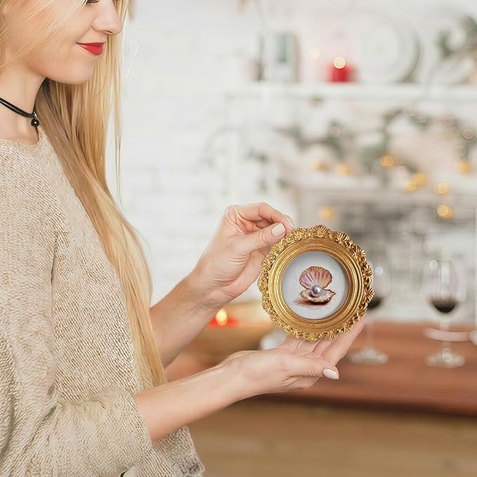 Small Vintage Seashell Pearl Round Picture Frame Wall Decor, Coastal Gold Mini Ornate Photo Frame for TableTop Desk 2.7in Photo,Beach Sea Summer Framed Artwork for Walls Office Bedroom Shelf