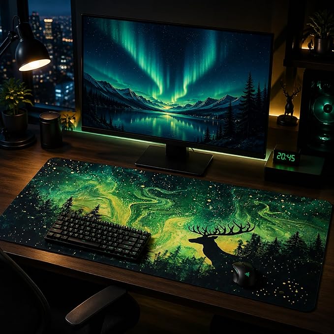 AQQA Gaming Mouse Pad Aurora Forest Background Pattern XXL Professional Large Mousepad Non-Slip Waterproof Rubber Base Mouse Mat for Office,Computer,Keyboard,and Home Desk Pad 31.4 x 15.7 Inch
