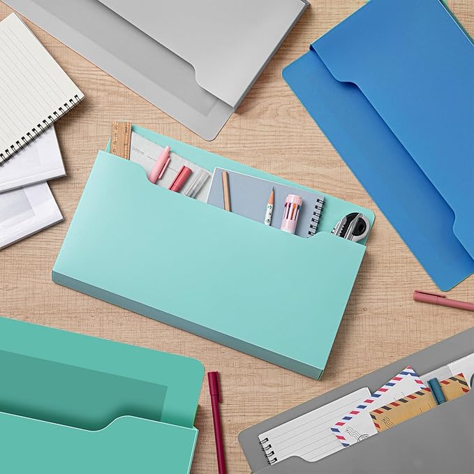 Fuutreo 6 Pcs Magnetic Wall File Organizer Magnetic Wall File Holder Refrigerator Magazine Holder for Mail Letters Paper(Aqua Green,Horizontal-large)