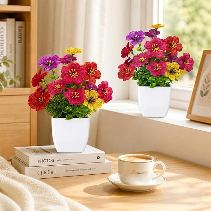Artificial Flowers in Pots, Small Plant Decor, Fake Potted Flowers Indoor, Mini Artificial Plants & Fake Flowers with Pot for Home Office Kitchen
