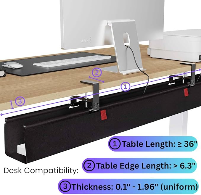 Under Desk Cable Management Tray, 36" Large No Drill Cord Organizer with Easy to Clean Oxford Fabric, Clamp On Power Stripe Holder for Home Office & Gaming Space to Hide Wires