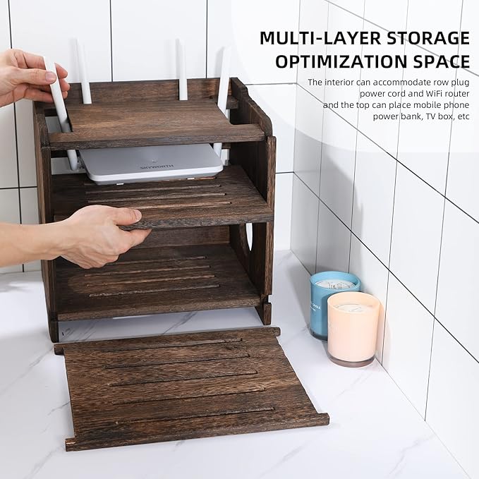 Wooden Wireless WiFi Router Storage Box Modem Router Cover Wood Shelf Power Strip and Cable Management Hider Rack Office Desktop Organizer Shelves Rural Need Assembly