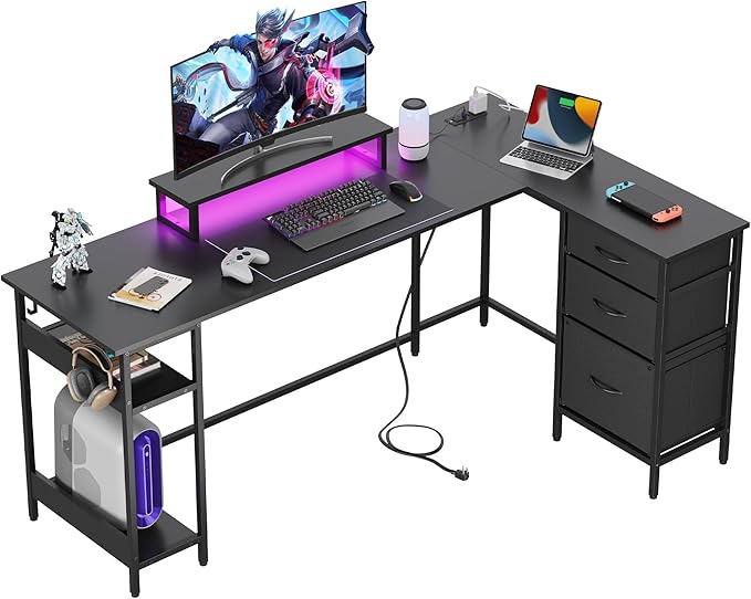 DEVAISE 66 Inch L Shaped Gaming Desk with Drawers and Storage, Corner Desk with LED Lights, Power Outlets, Computer Desk with Monitor Stand, Office Desk for Home, Black
