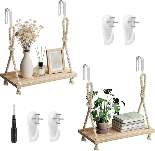 2 Pack Fabric Wall Cubicle Shelf, 11.8" Wooden Hanging Cubicle Shelf Organizer with Hooks, Dual Mounting Options, Cotton Rope Storage Shelf, No-Drill Boho Style for Office Cubicles & Desk Decor