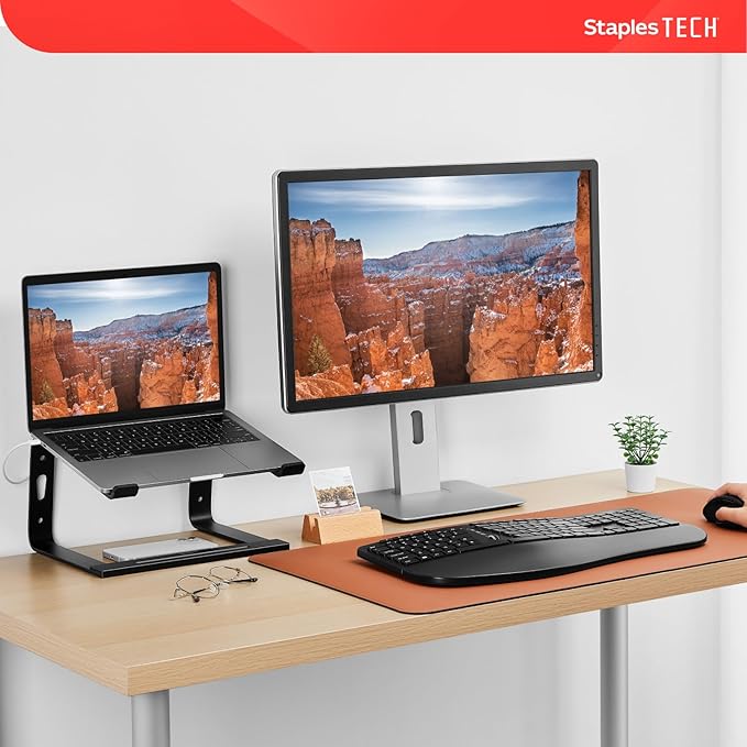 Staples TECH Aluminum Laptop Stand, Black, 11.2” x 10.2”, Ergonomic Cooling Riser for Notebook/MacBook/PC