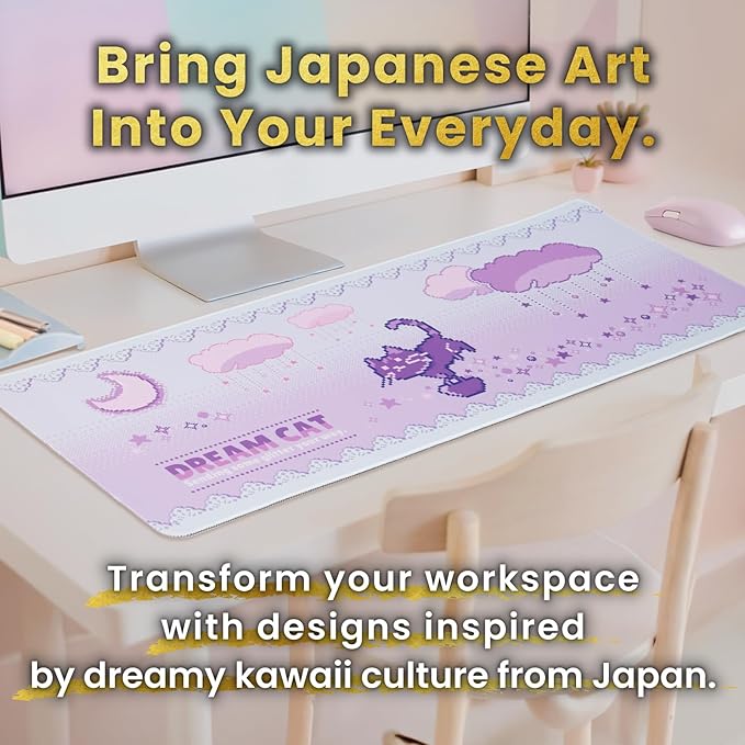 BELLEMOND Japanese Art Desk Mat | Large 31.5x11.8in Anime Mouse Pad for Keyboard & Mouse | Non-Slip Base, Water-Repellent | Original Japanese Design | Dream Cat